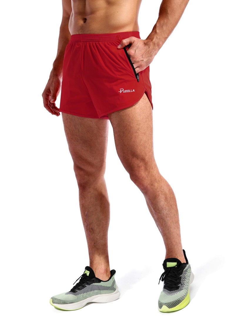 Pudolla Menâ€™s Running Shorts 3 Inch Quick Dry Gym Athletic Workout Shorts for Men with Zipper Pockets(Dark Red Medium) - Image 3